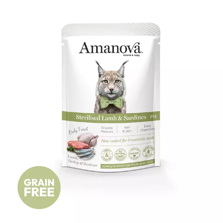 Amanova Katze Erwachsene Sterilisiertes Lamm & Sardine 85 g Beutel - Nassfutterbeutel - 8413037335809 - 1