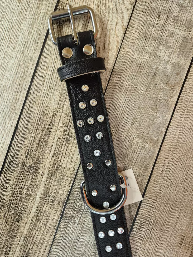 Lederleine Schwarz mit Strass 45cm - Hunde Lederhalsbänder - KESON - 1